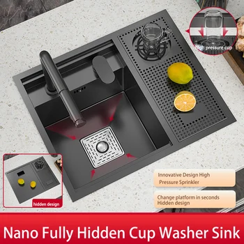 Скрытая Мойка для посуды из нержавеющей стали Nano 304, Кухонная Раковина, Невидимый Складной кран, Маленький Умывальник с одной чашей, бассейн для мытья посуды