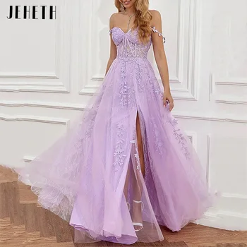 Фиолетовое вечернее платье JEHETH с открытыми плечами, Кружевная аппликация, Элегантное платье для выпускного вечера из тюля с разрезом, открытая спина, Вечернее платье в стиле Милой девушки
