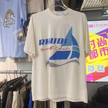 Футболка с принтом яхты RHUDE, Высококачественная Повседневная Свободная хлопковая футболка с круглым вырезом и короткими рукавами